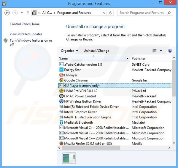 desinstalar o adware GUPlayer via Painel de Controlo