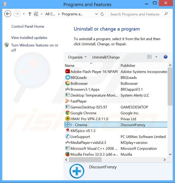 desinstalar o adware I-Cinema através do Painel de Controlo