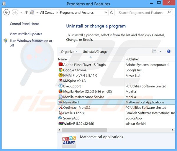 desinstalar o adware news alert através do Painel de Controlo