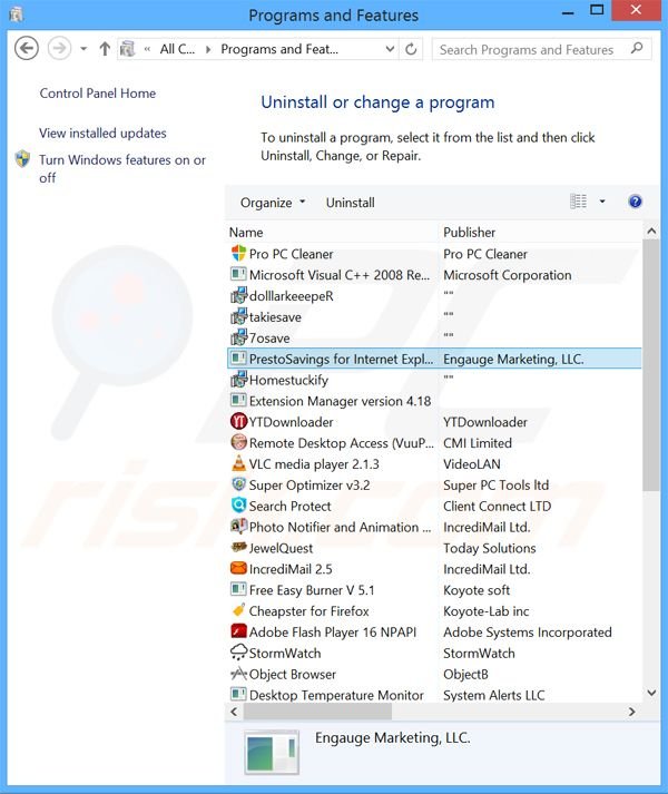 desinstalar o adware Presto Savings através do Painel de Controlo