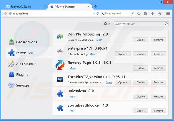 Removendo as extensões relacionadas a searchfunmoods.com do Mozilla Firefox