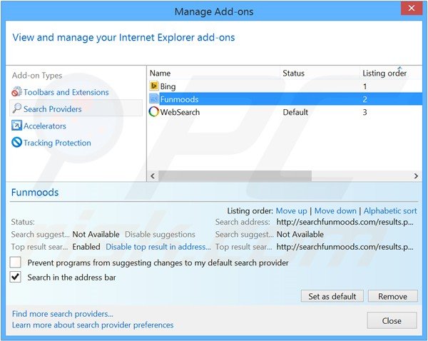 Removendo o motor de busca inicial searchfunmoods.com do Internet Explorer
