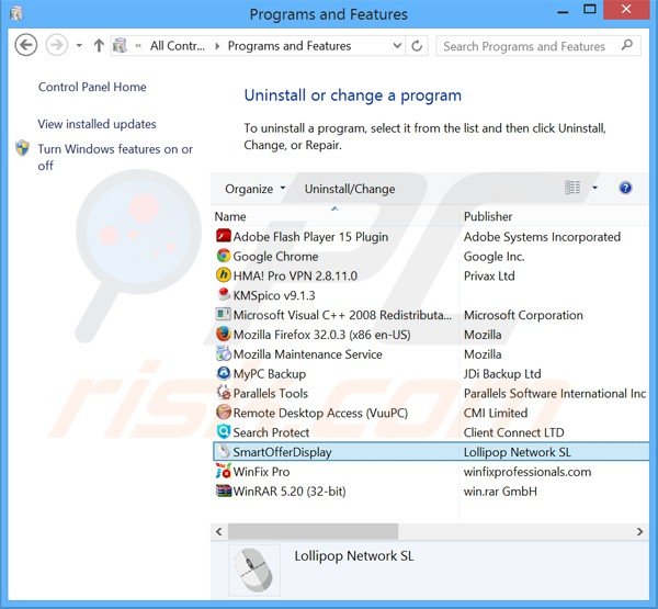 desinstalar o adware smartofferdisplay via Painel de Controlo