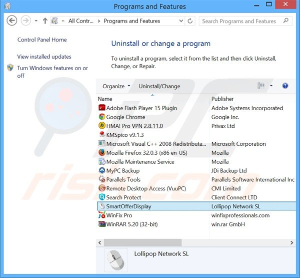 desinstalar o adware smartofferdisplay via Painel de Controlo