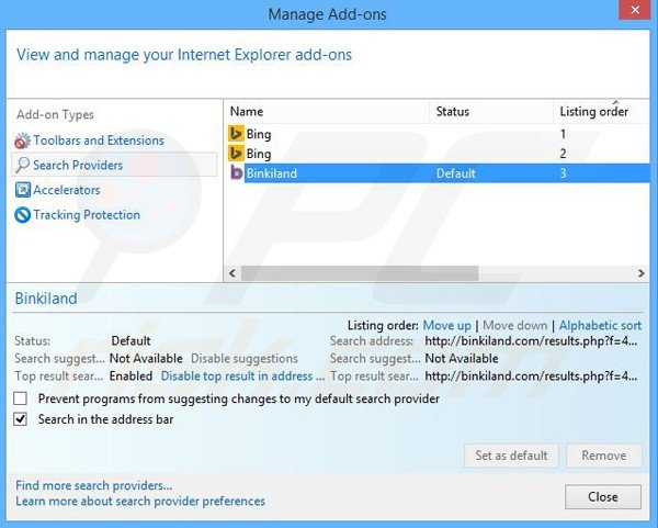 Removendo a motor de busca inicial binkiland.com do Internet Explorer
