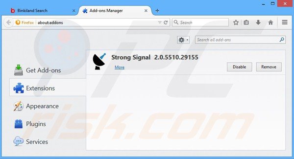 Removendo as extensões binkiland.com do Mozilla Firefox