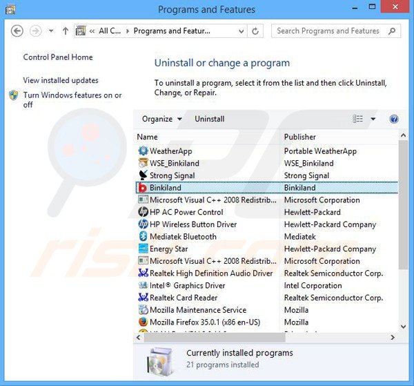 desinstalar o sequestrador de navegador binkiland.com via Painel de Controlo