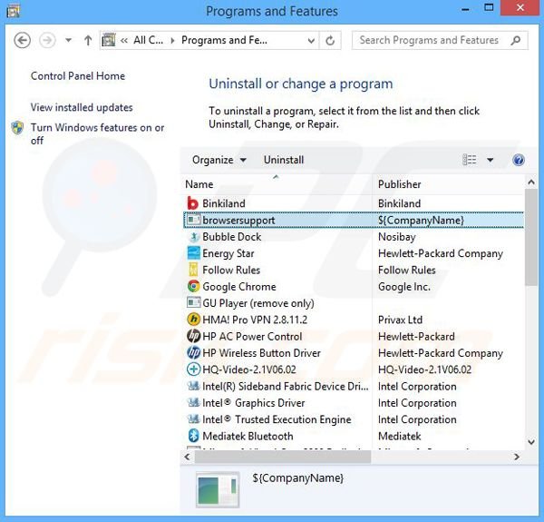 desinstalar o adware BrowserSupport através do Painel de Controlo