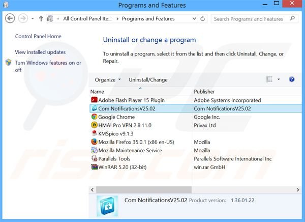 desinstalar do adware Com Notification através do Painel de Controlo