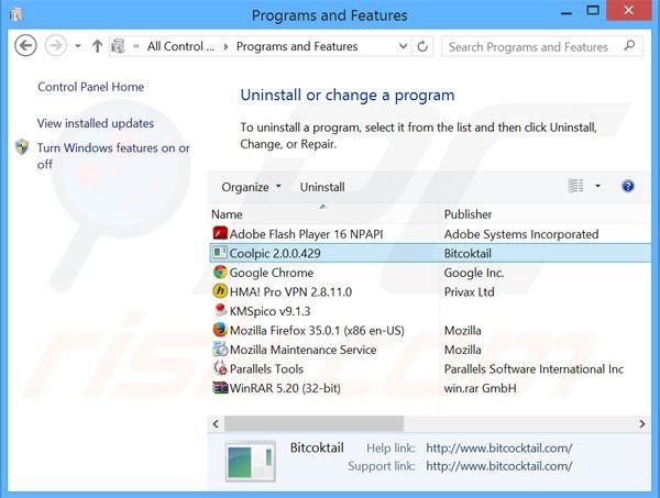 desinstalar o adware Coolpic via Painel de Controlo