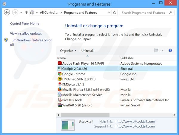 desinstalar o adware Coolpic via Painel de Controlo