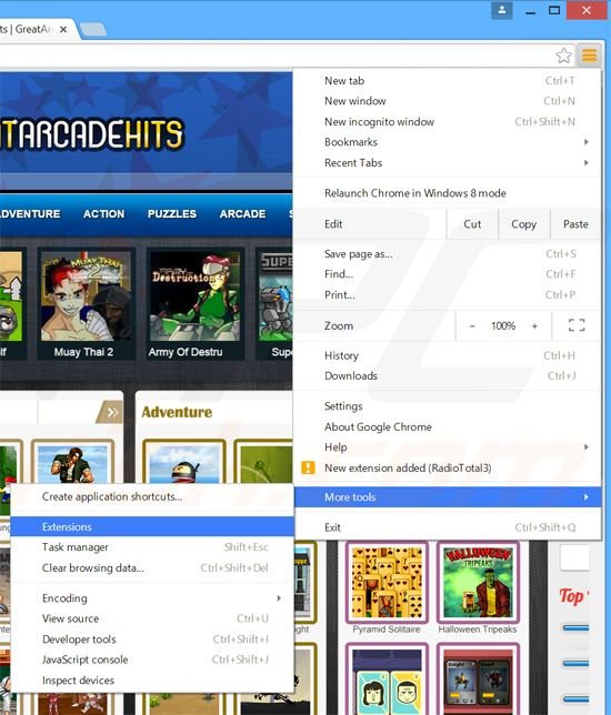 Removendo os anúncios GreatArcadeHits do Google Chrome passo 1