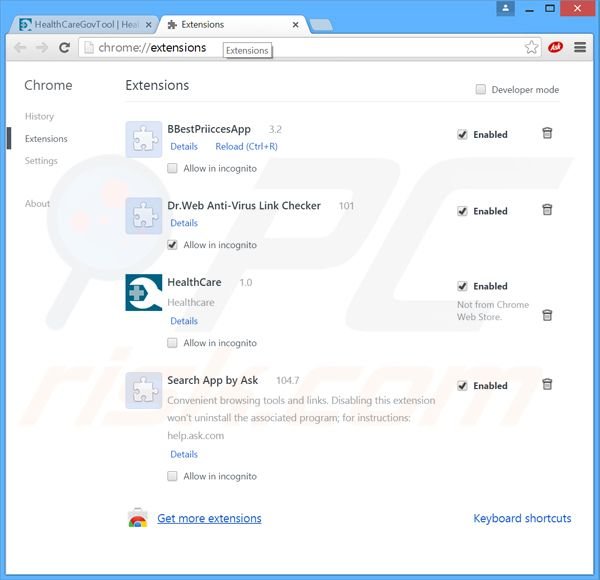 Removendo os anúncios Healthcare Gov Tool do Google Chrome passo 2