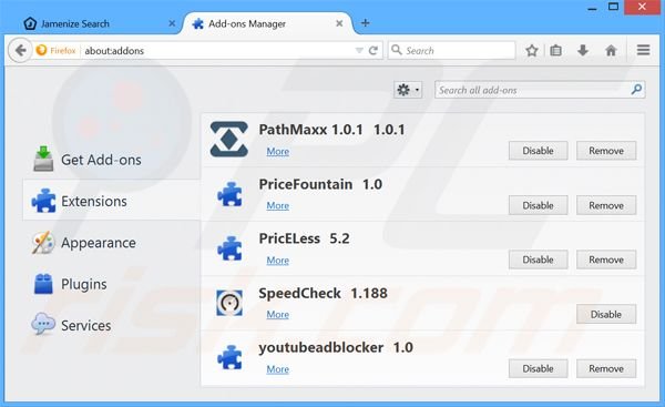 Removendo as extensões relacionadas a jamenize.com do Mozilla Firefox
