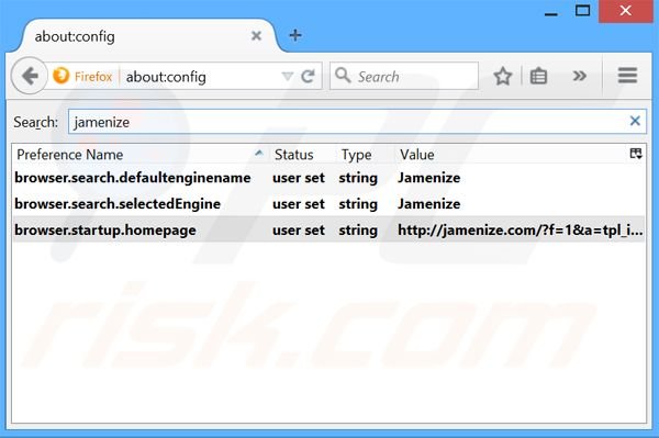 Removendo a página inicial jamenize.com e motor de busca padrão do Mozilla Firefox