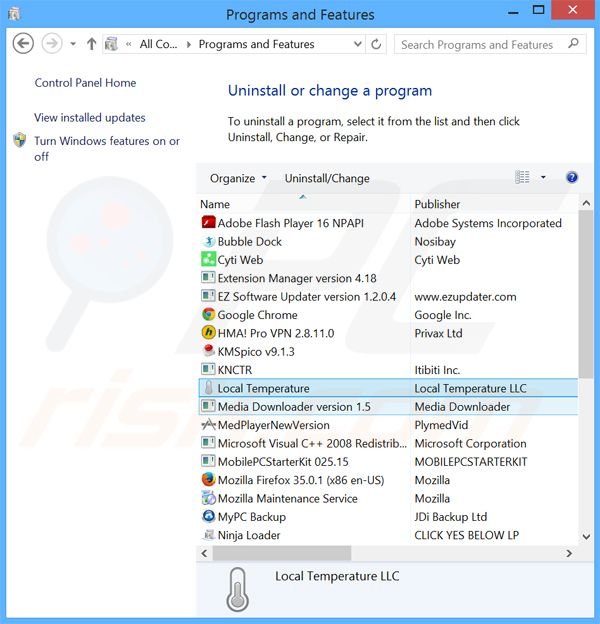 desinstalar o adware Local Temperature através do Painel de Controlo