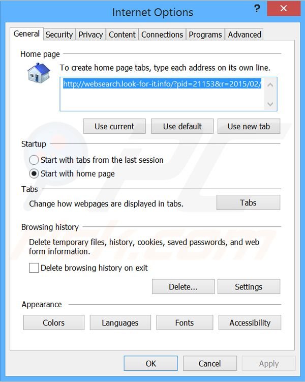Removendo o redirecionamento websearch.look-for-it.info  da página inicial do Internet Explorer