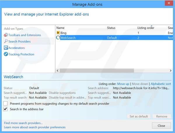 Removendo o redirecionamento websearch.look-for-it.info do motor de busca padrão do Internet Explorer