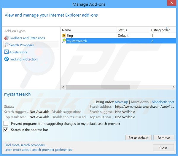 Removendo a motor de busca inicial luckysearches.com do Internet Explorer