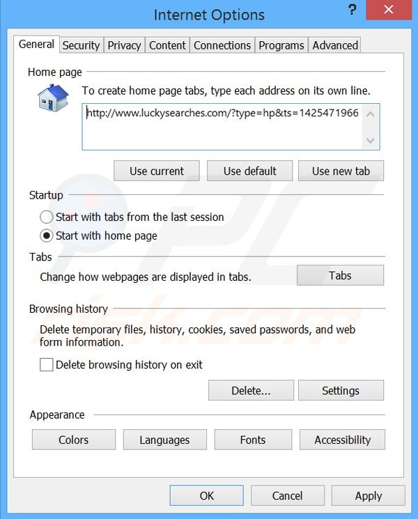 Removendo a página inicial luckysearches.com do Internet Explorer