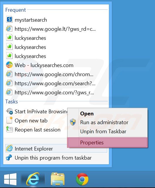 Removendo luckysearches.com do atalho do Internet Explorer passo 1