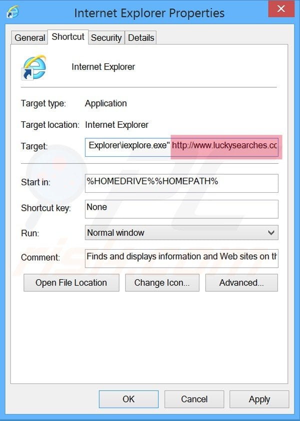 Removendo luckysearches.com do atalho do Internet Explorer passo 2