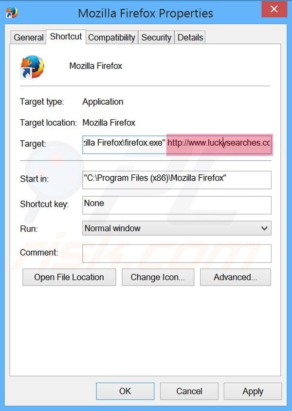 Removendo luckysearches.com do atalho do Mozilla Firefox passo 2