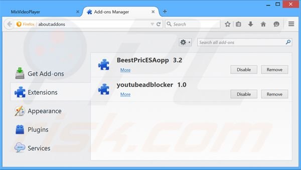 Removendo os anúncios MixVideoPlayer do Mozilla Firefox passo 2