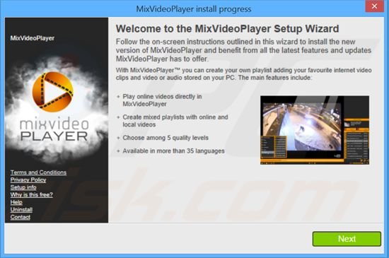 Instalador do adware MixVideoPlayer