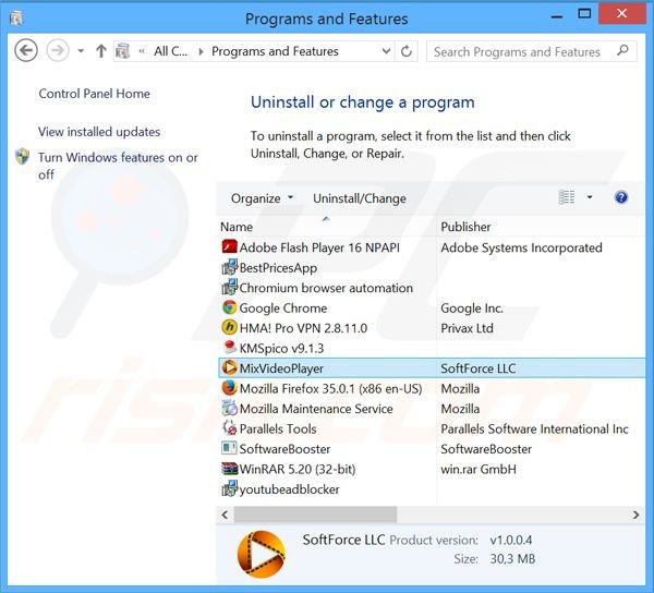 desinstalar o adware MixVideoPlayer via Painel de Controlo