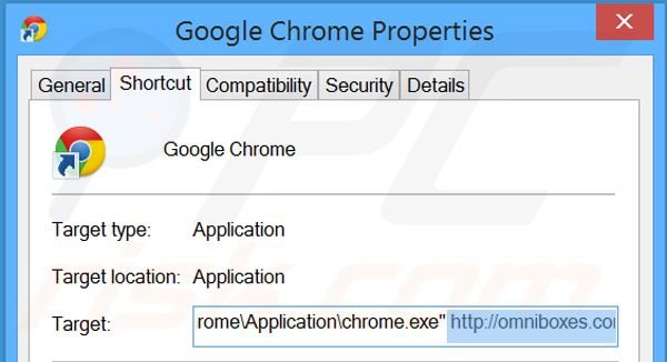 Removendo omniboxes.com do atalho do Google Chrome passo 2