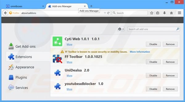 Removendo as extensões relacionadas a omniboxes.com do Mozilla Firefox