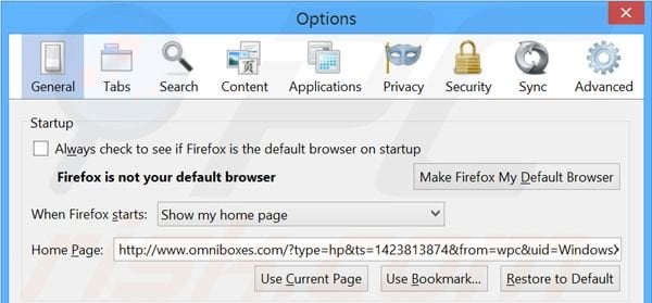 Remover  omniboxes.com da página inicial do Mozilla Firefox