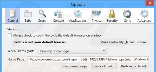 Remover  omniboxes.com da página inicial do Mozilla Firefox