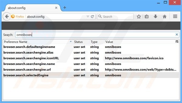 Remoção de omniboxes.com da página inicial e motor de busca padrão do Mozilla Firefox.