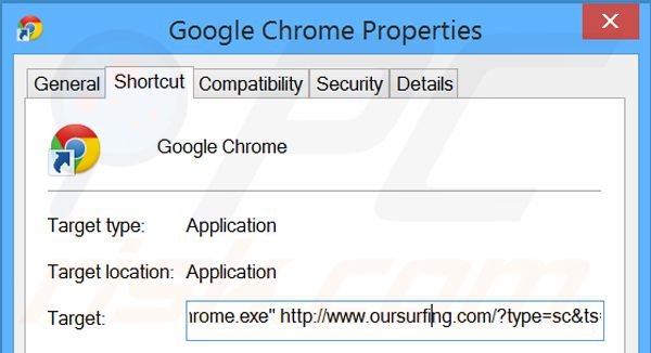 Removendo oursurfing.com do atalho do Google Chrome passo 2