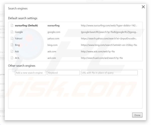Removendo oursurfing.com do motor de busca padrão do Google Chrome
