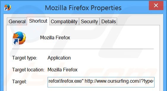 Removendo oursurfing.com do atalho do Mozilla Firefox passo 2
