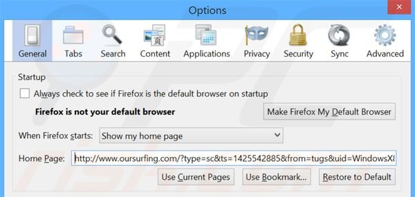 Removendo a página inicial oursurfing.com do Mozilla Firefox