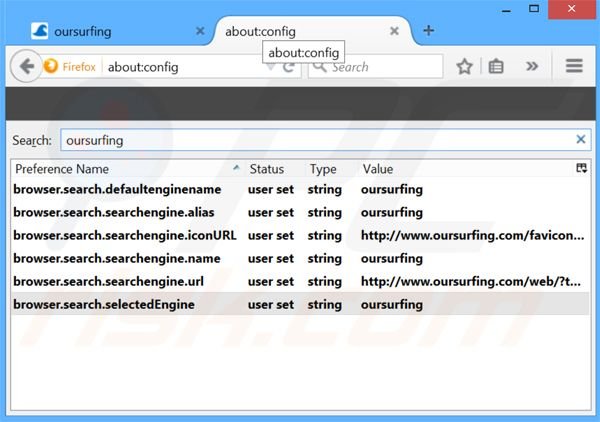 Removendo a página inicial oursurfing.com e motor de busca padrão do Mozilla Firefox