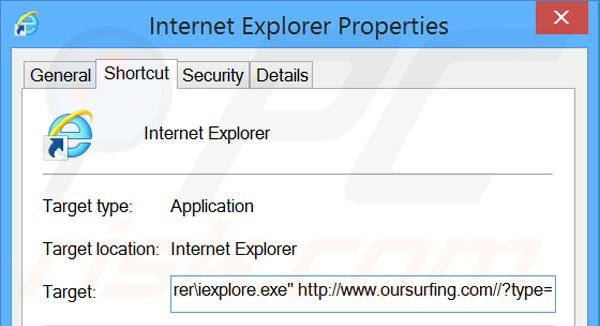 Removendo oursurfing.com do atalho do Internet Explorer passo 2