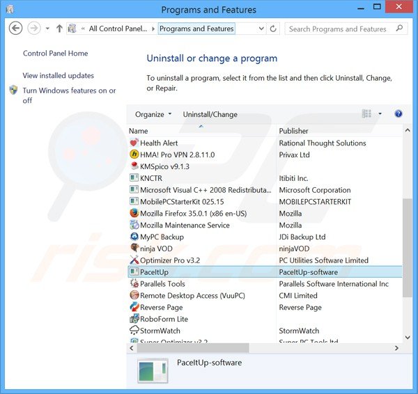 desinstalar o adware paceitup via Painel de Controlo