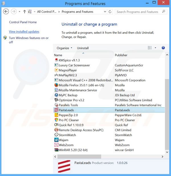 desinstalar o adware PastaLeads via Painel de Controlo