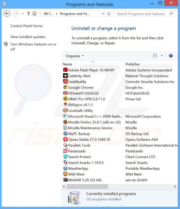 desinstalar o adware Perfect Navigator através do Painel de Controlo