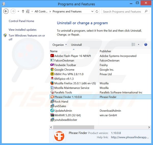 desinstalar o adware Phrase Finder via Painel de Controlo