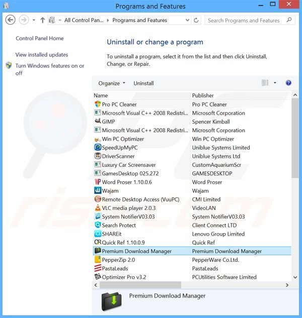 Desinstalar do adware Premium Download Manager usando o Painel de Controlo