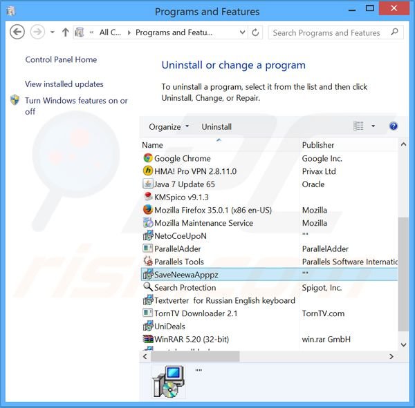 desinstalar o adware SaveNewaAppz via Painel de Controlo