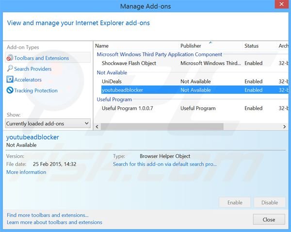 Remova o redirecionamento websearch.swellsearch.info das extensões do Internet Explorer