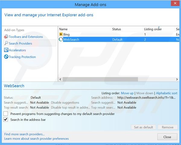Removendo o redirecionamento websearch.swellsearch.info do motor de busca padrão do Internet Explorer
