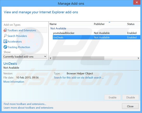 Removendo os anúncios UniDeals do Internet Explorer passo 2